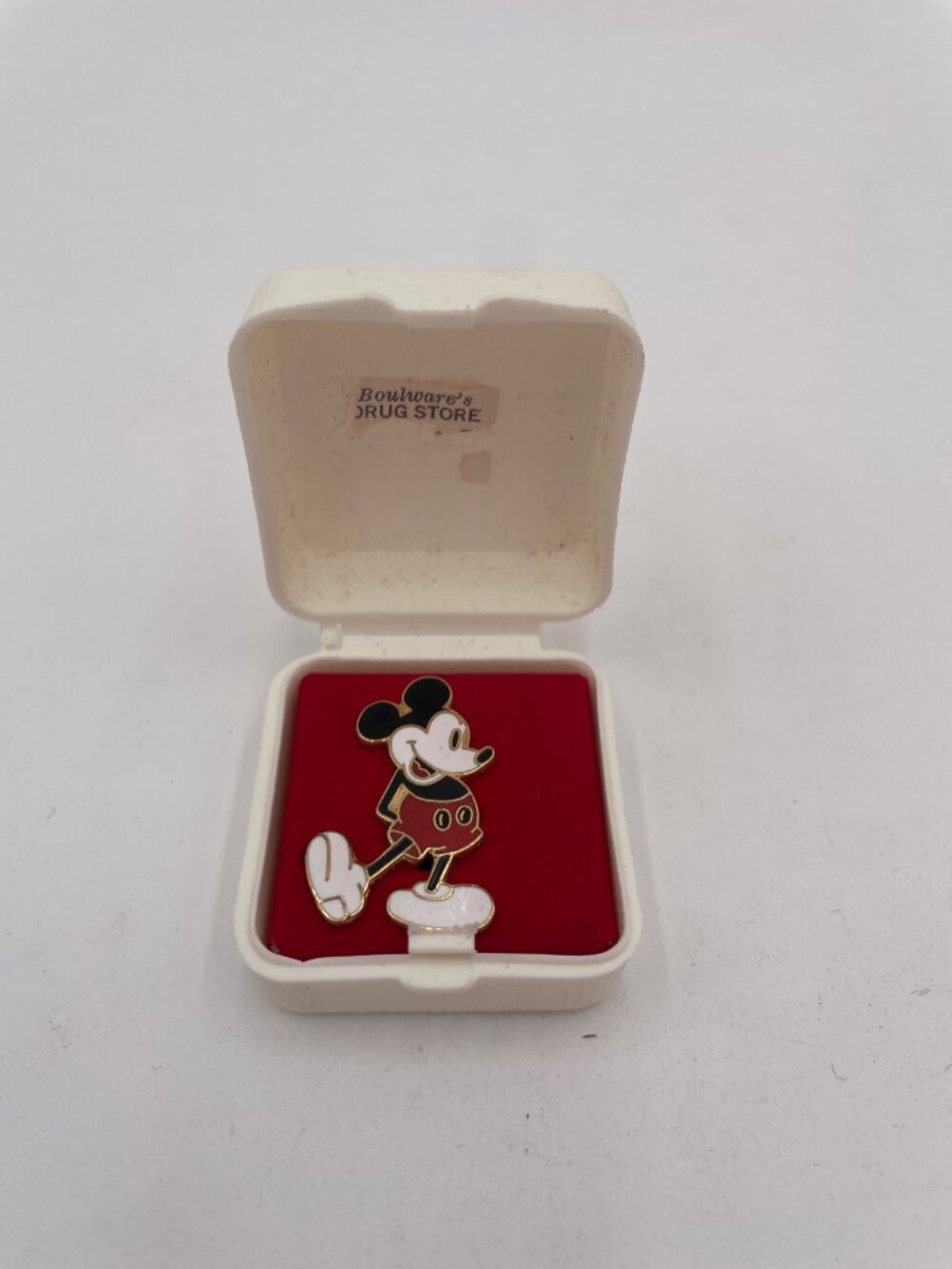 Vintage Mickey Mouse Pin Disney Plastic Case Red Velvet Interior .75"
